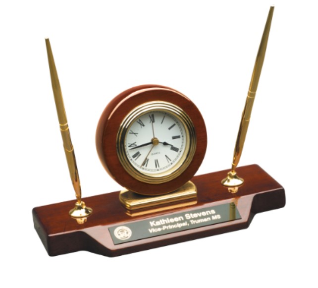 Piano Finish Desk Clock on Base with 2 Pens